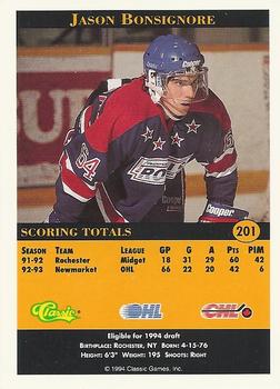 1994 Classic Pro Hockey Prospects #201 Jason Bonsignore Back