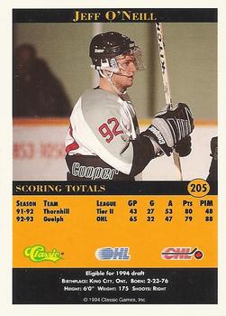 1994 Classic Pro Hockey Prospects #205 Jeff O'Neill Back