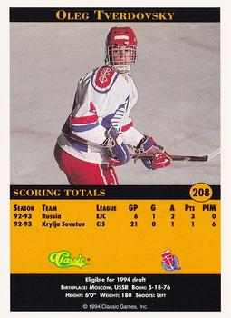 1994 Classic Pro Hockey Prospects #208 Oleg Tverdovsky Back
