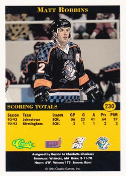 1994 Classic Pro Hockey Prospects #230 Matt Robbins Back