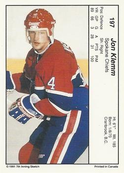 1990-91 7th Inning Sketch WHL #197 Jon Klemm Back