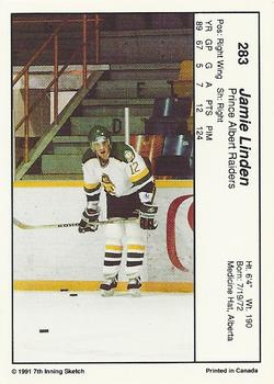 1990-91 7th Inning Sketch WHL #283 Jamie Linden Back