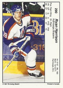 1990-91 7th Inning Sketch WHL #290 Ryan Harrison Back