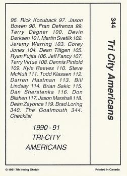 1990-91 7th Inning Sketch WHL #344 Tri City Americans Back