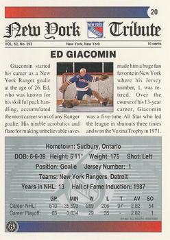 1991-92 Ultimate Original 6 #20 Ed Giacomin Back