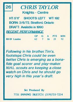 1989-90 7th Inning Sketch OHL #26 Chris Taylor Back