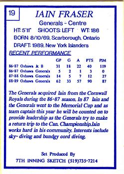 1989-90 7th Inning Sketch OHL #19 Iain Fraser Back