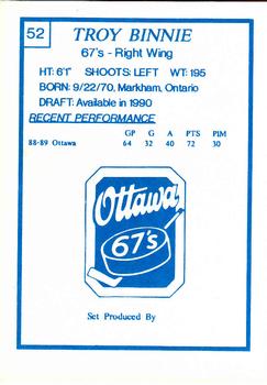 1989-90 7th Inning Sketch OHL #52 Troy Binnie Back