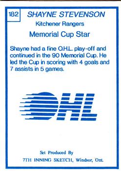 1989-90 7th Inning Sketch OHL #182 Shayne Stevenson Back