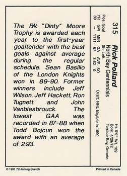 1990-91 7th Inning Sketch OHL #315 Rick Pollard Back