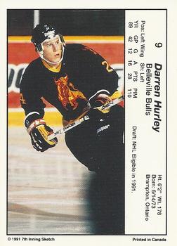1990-91 7th Inning Sketch OHL #9 Darren Hurley Back