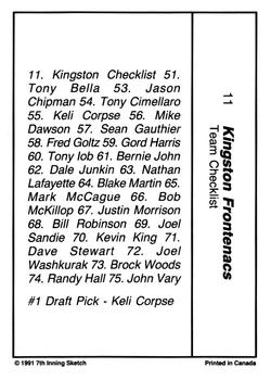 1990-91 7th Inning Sketch OHL #11 Kingston Checklist Back