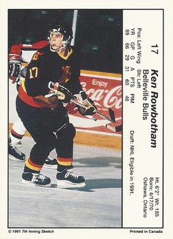 1990-91 7th Inning Sketch OHL #17 Ken Rowbotham Back