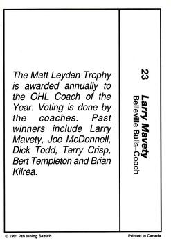 1990-91 7th Inning Sketch OHL #23 Larry Mavety Back