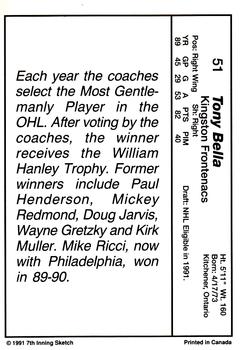 1990-91 7th Inning Sketch OHL #51 Tony Bella Back