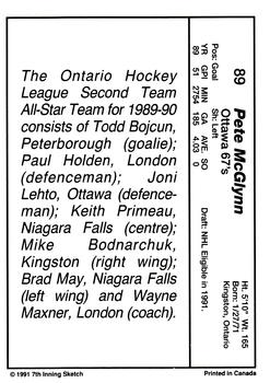 1990-91 7th Inning Sketch OHL #89 Pete McGlynn Back