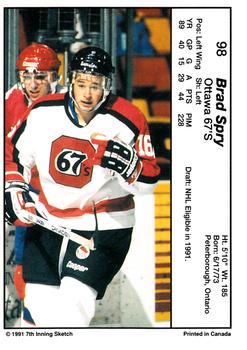 1990-91 7th Inning Sketch OHL #98 Brad Spry Back