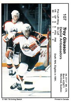 1990-91 7th Inning Sketch OHL #107 Troy Gleason Back