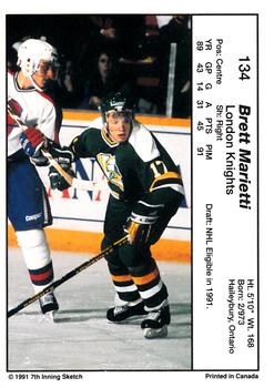 1990-91 7th Inning Sketch OHL #134 Brett Marietti Back