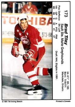 1990-91 7th Inning Sketch OHL #173 Brad Tiley Back