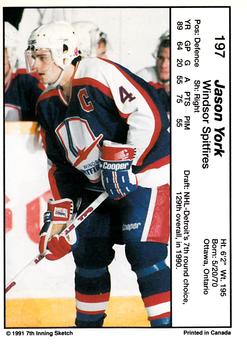 1990-91 7th Inning Sketch OHL #197 Jason York Back