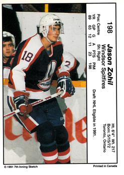 1990-91 7th Inning Sketch OHL #198 Jason Zohil Back