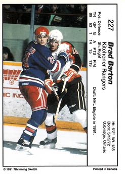1990-91 7th Inning Sketch OHL #227 Brad Barton Back