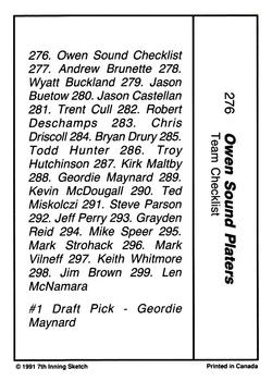 1990-91 7th Inning Sketch OHL #276 Owen Sound Checklist Back
