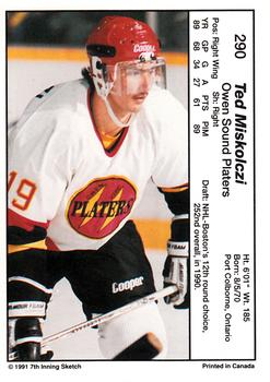 1990-91 7th Inning Sketch OHL #290 Ted Miskolczi Back