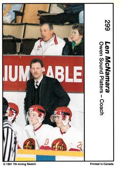 1990-91 7th Inning Sketch OHL #299 Len McNamara Back