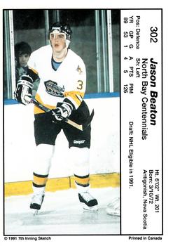 1990-91 7th Inning Sketch OHL #302 Jason Beaton Back