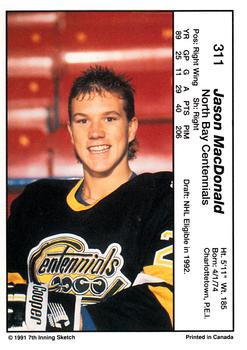 1990-91 7th Inning Sketch OHL #311 Jason MacDonald Back