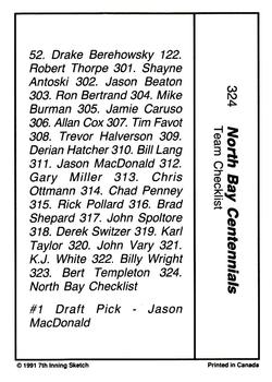 1990-91 7th Inning Sketch OHL #324 North Bay Checklist Back
