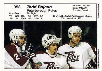 1990-91 7th Inning Sketch OHL #353 Todd Bojcun Back