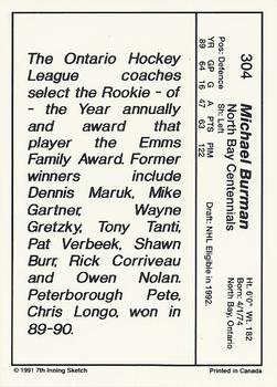 1990-91 7th Inning Sketch OHL #304 Michael Burman Back