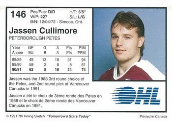 1991-92 7th Inning Sketch OHL #146 Jassen Cullimore Back