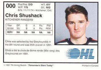 1991-92 7th Inning Sketch OHL #000 Chris Shushack Back