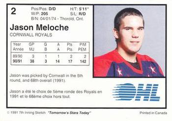 1991-92 7th Inning Sketch OHL #2 Jason Meloche Back
