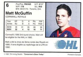 1991-92 7th Inning Sketch OHL #6 Matt McGuffin Back