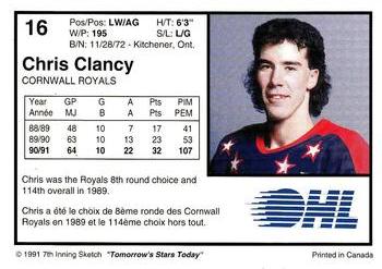 1991-92 7th Inning Sketch OHL #16 Chris Clancy Back