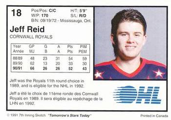1991-92 7th Inning Sketch OHL #18 Jeff Reid Back