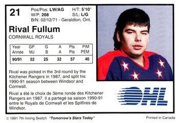 1991-92 7th Inning Sketch OHL #21 Rival Fullum Back