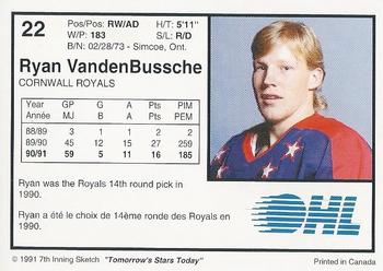 1991-92 7th Inning Sketch OHL #22 Ryan VandenBussche Back