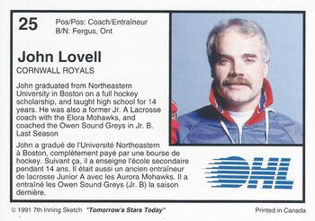 1991-92 7th Inning Sketch OHL #25 John Lovell Back