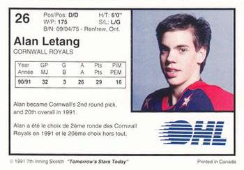 1991-92 7th Inning Sketch OHL #26 Alan Letang Back