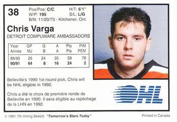 1991-92 7th Inning Sketch OHL #38 Chris Varga Back