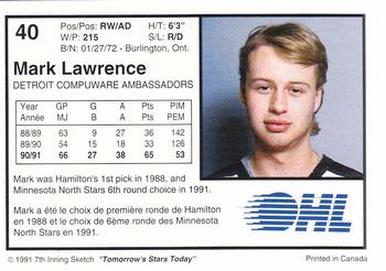 1991-92 7th Inning Sketch OHL #40 Mark Lawrence Back