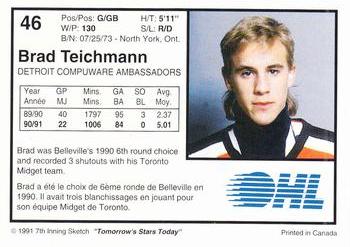 1991-92 7th Inning Sketch OHL #46 Brad Teichmann Back