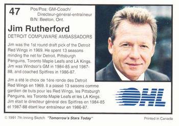 1991-92 7th Inning Sketch OHL #47 Jim Rutherford Back