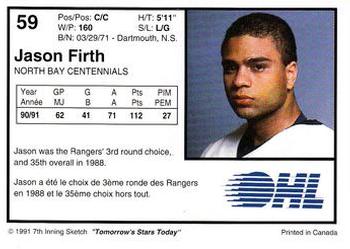 1991-92 7th Inning Sketch OHL #59 Jason Firth Back